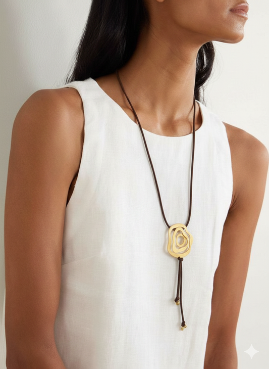 brown suede long necklace with gold pendant