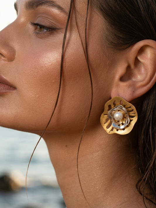 Gold x silver flower earrings